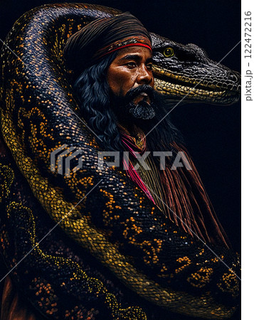 Peruvian shaman with a huge snake Peruvian shaman with a huge snake 122472216