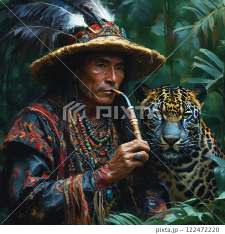Brutal Peruvian shaman in the jungle with feathers on his head and earrings in his ears Brutal Peruvian shaman in the jungle with feathers on his head and earrings in his ears 122472220