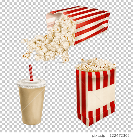 popcorn and drink. A set of snacks for a movie or party. glass with drink and straw. Popcorn in a striped paper bag. Scattered food. Packaging with space for writing. Set of watercolor illustrations . 122472303