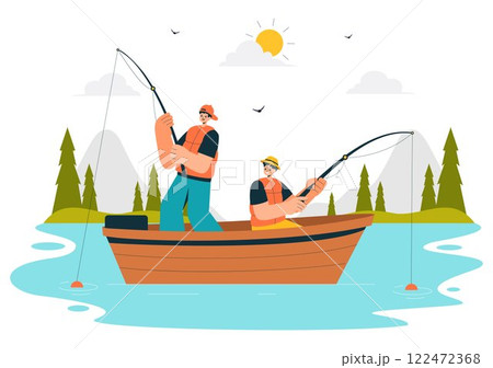 Fishing Leisure Vector Illustration featuring a Fishing Experience with Sport Angler and Bait from the Lake Shore and on a Boat in an Recreation Fishing Leisure Vector Illustration featuring a Fishing Experience with Sport Angler and Bait from the Lake Shore and on a Boat in an Recreation 122472368