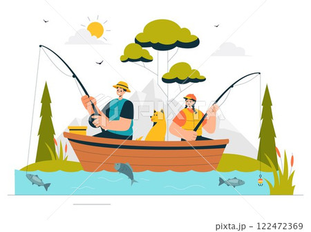 Fishing Leisure Vector Illustration featuring a Fishing Experience with Sport Angler and Bait from the Lake Shore and on a Boat in an Recreation 122472369