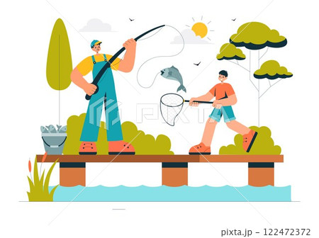 Fishing Leisure Vector Illustration featuring a Fishing Experience with Sport Angler and Bait from the Lake Shore and on a Boat in an Recreation Fishing Leisure Vector Illustration featuring a Fishing Experience with Sport Angler and Bait from the Lake Shore and on a Boat in an Recreation 122472372