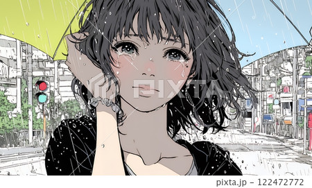 雨の中で泣いている若い女性