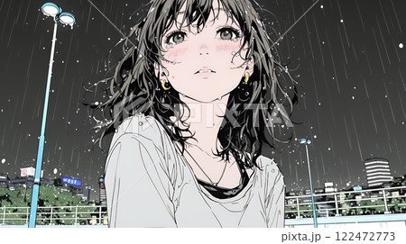 雨の中で泣いている若い女性