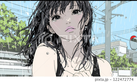雨の中で泣いている若い女性