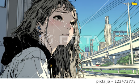 雨の中で泣いている若い女性