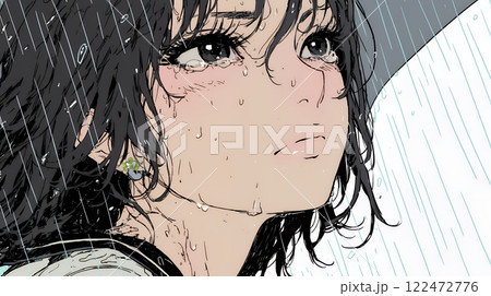 雨の中で泣いている若い女性