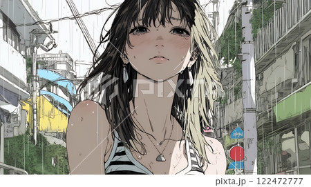 雨の中で泣いている若い女性