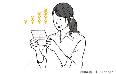 笑顔で銀行の通帳を見る女性のイラスト 笑顔で銀行の通帳を見る女性のイラスト 122472787