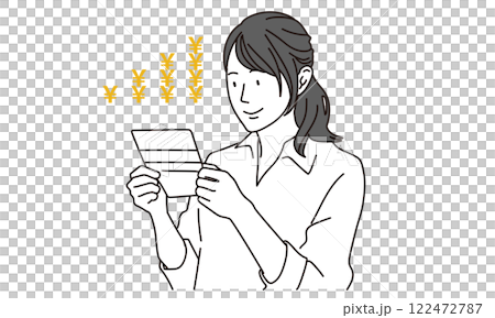 Illustration of a smiling woman looking at her bankbook 122472787