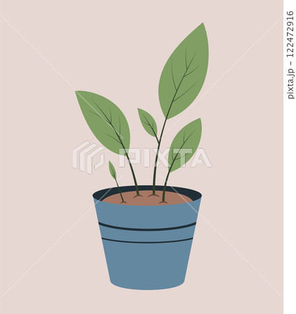 Green sprout in a blue pot. Spring seedlings for the garden. Element for design, decoration, postcard, banner, sticker, scrapbooking. Green sprout in a blue pot. Spring seedlings for the garden. Element for design, decoration, postcard, banner, sticker, scrapbooking. 122472916