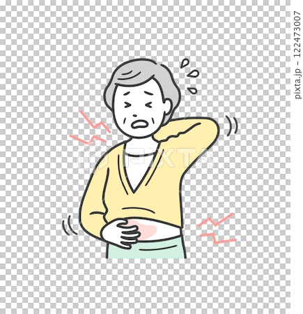 一位老年婦女的上半身因全身發癢而面容憔悴的插圖 122473007