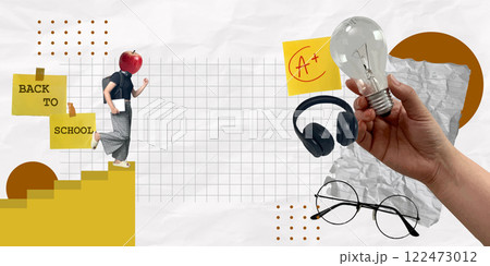 Back to school collage with creative elements highlighting education and learning, vector illustration Back to school collage with creative elements highlighting education and learning, vector illustration 122473012