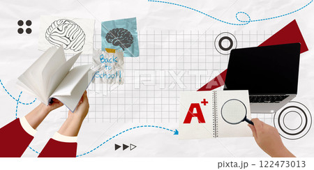 Back to school collage featuring hands with a book and educational elements, vector illustration Back to school collage featuring hands with a book and educational elements, vector illustration 122473013