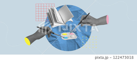 Hands creating a collage art with paints and brushes in an educational context, vector illustration Hands creating a collage art with paints and brushes in an educational context, vector illustration 122473018
