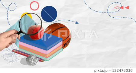 Creative collage featuring a hand with a magnifying glass over books and an apple, vector illustration 122473036
