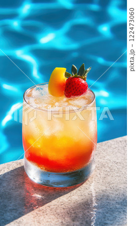 Colorful tropical cocktail with fruit garnish by poolside 122473060