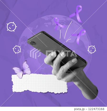 Hand holding smartphone to raise awareness for World Cancer Day celebration, vector illustration 122473168