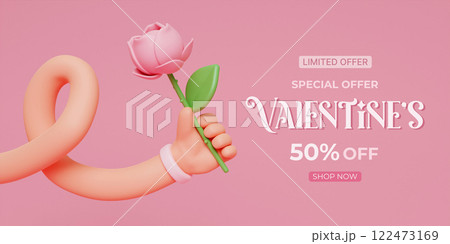 Hand holding a pink rose with Valentine Day promotion and 50percent off offer 3D render illustration 122473169