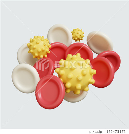 3D render illustration of red and white blood cells with virus models for cancer awareness. 3D render illustration of red and white blood cells with virus models for cancer awareness. 122473173