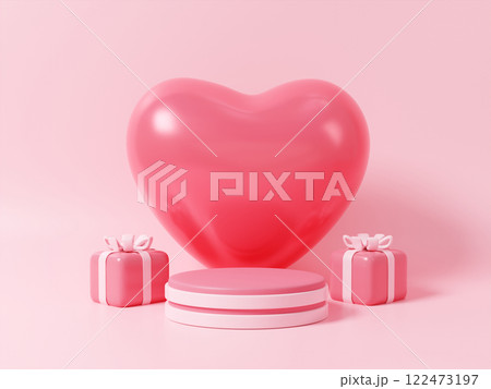 Large shiny heart with pink gift boxes on a podium for Valentine's celebration 3D render illustration 122473197