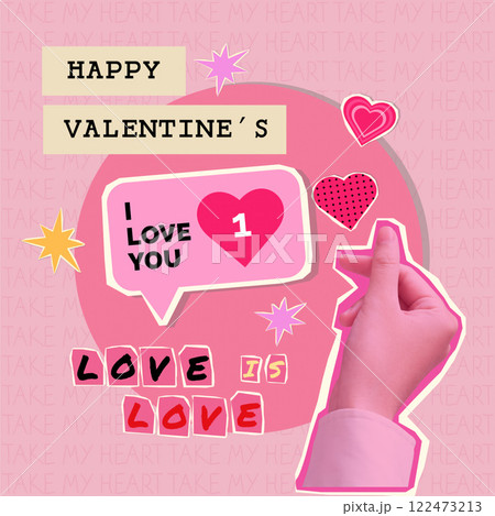 Hand making a heart gesture with Valentine messages and colorful accents Vector illustration Hand making a heart gesture with Valentine messages and colorful accents Vector illustration 122473213