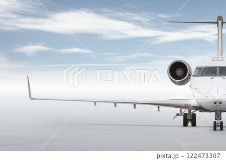 Front view of the luxury corporate airplane isolated on bright background with sky 122473307