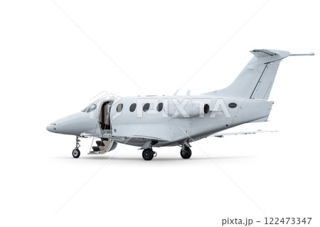 Modern executive aircraft with an opened gangway door isolated on white background Modern executive aircraft with an opened gangway door isolated on white background 122473347