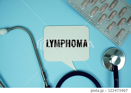 Lymphoma text with stethoscope and capsule medicine on blue background, Healthy and wellness concept Lymphoma text with stethoscope and capsule medicine on blue background, Healthy and wellness concept 122473407