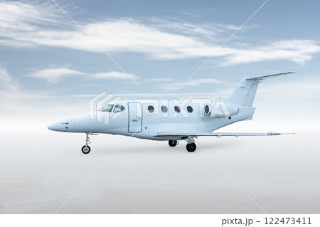 Modern white corporate aircraft isolated on bright background with sky 122473411