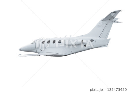 Modern luxury business jet flies isolated on white background 122473420