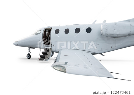 Close-up of the modern executive airplane with an opened gangway door isolated on white background 122473461