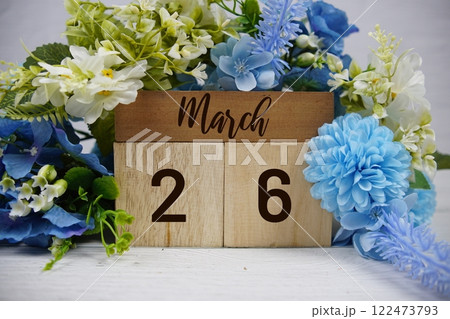 Wooden Calendar Showing the Date of March 26th. Day 26 of March month 122473793