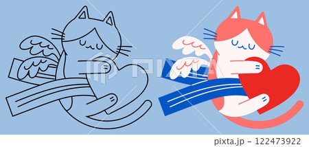 Cupid cat closing its eyes, hugging a heart sideways Cupid cat closing its eyes, hugging a heart sideways 122473922