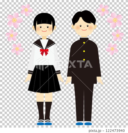 桜と制服を着た学生のイラスト 122473940
