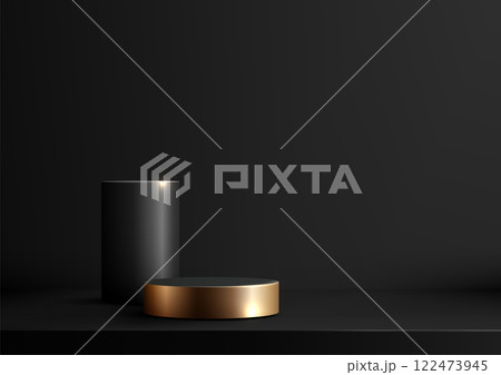 Luxury 3D Black and Gold Cylindrical Podiums for Modern Product Displays and Showcase Concepts 122473945