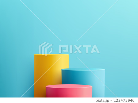 Vibrant 3D Cylindrical Podiums in Yellow, Blue, and Pink for Product Display, Showcase, and Mockup 122473946
