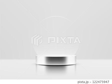 3D Silver Cylindrical Podium on Gray Surface with Subtle Circular Backdrop for Product Display and Showcase 122473947