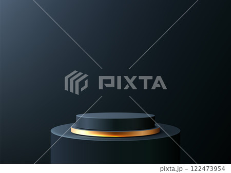 Luxurious Dark Blue Podium with Gold Band and Spotlight for Elegant Product Display Mockup 122473954