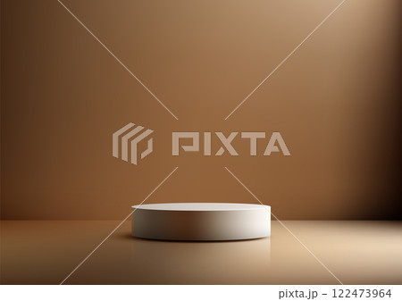 Minimalist White Cylindrical Podium on Solid Brown Backdrop with Reflective Surface for Product Display, Mockup, and Showcase in Elegant Modern Style Minimalist White Cylindrical Podium on Solid Brown Backdrop with Reflective Surface for Product Display, Mockup, and Showcase in Elegant Modern Style 122473964