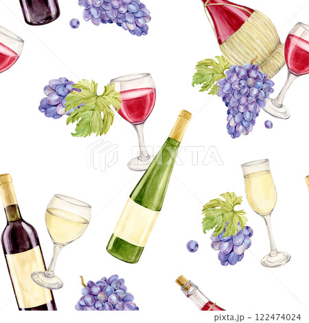 Seamless pattern with wine bottles and lilac berries. Red and white wine in glasses and bottles. Watercolor illustration for wine list, packaging, textiles, perfect for craft winery. 122474024