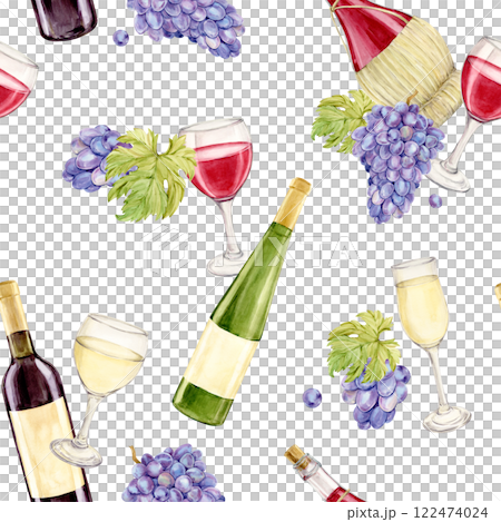 Seamless pattern with wine bottles and lilac berries. Red and white wine in glasses and bottles. Watercolor illustration for wine list, packaging, textiles, perfect for craft winery. 122474024