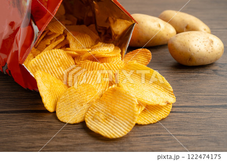 Potato chips, delicious BBQ seasoning spicy for crips, thin slice deep fried snack fast food in open bag. 122474175