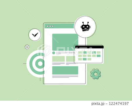 AI scheduling assistants automate content planning. AI-driven blog automation optimizes posts, schedules, and updates. AI content automation - blog management with smart algorithms vector illustration 122474197