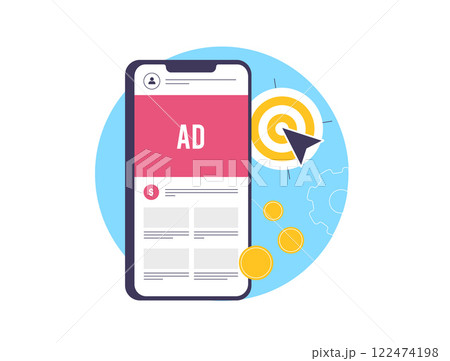 Programmatic ad bidding system. Interactive dashboards, ad campaigns and programmatic advertising analytics. Smart algorithms driving successful online social media advertising strategies 122474198