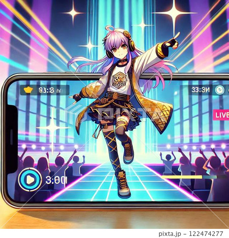カラフルな背景で画面の中で踊るサイバーウーマン 122474277