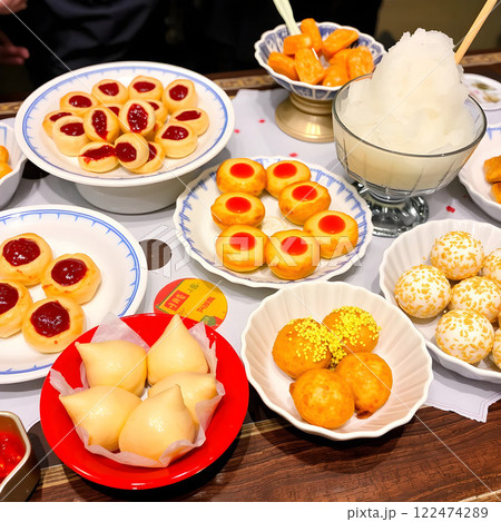 A variety of Korean dishes served on a wooden table 122474289