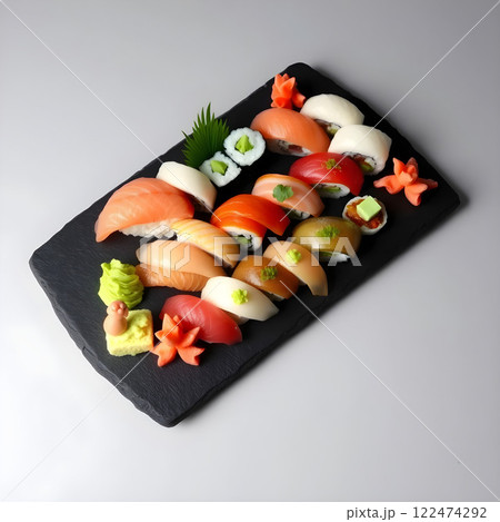 Assorted Sushi Platter on a Black Slate Board 122474292