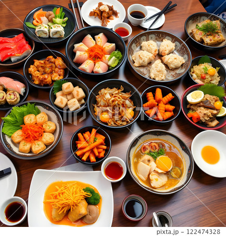 A variety of Korean dishes served on a wooden table 122474328