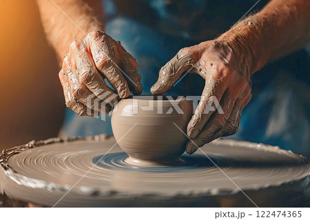 Dynamic lighting illuminates a close-up of a potter hands skillfully shaping clay on a spinning 122474365